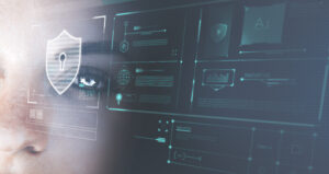 Foto von einem futuristischem Auge vor fiktiven Daten