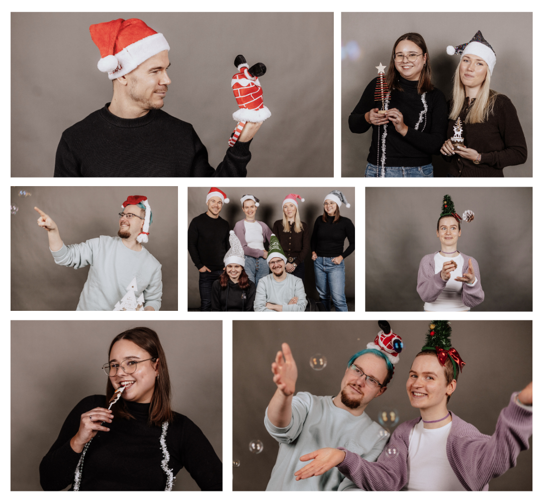 Weihnachtskarte mit 7 verschiedenen Bildern im weihnachtlichen Stil mit Omazing Mitarbeitern